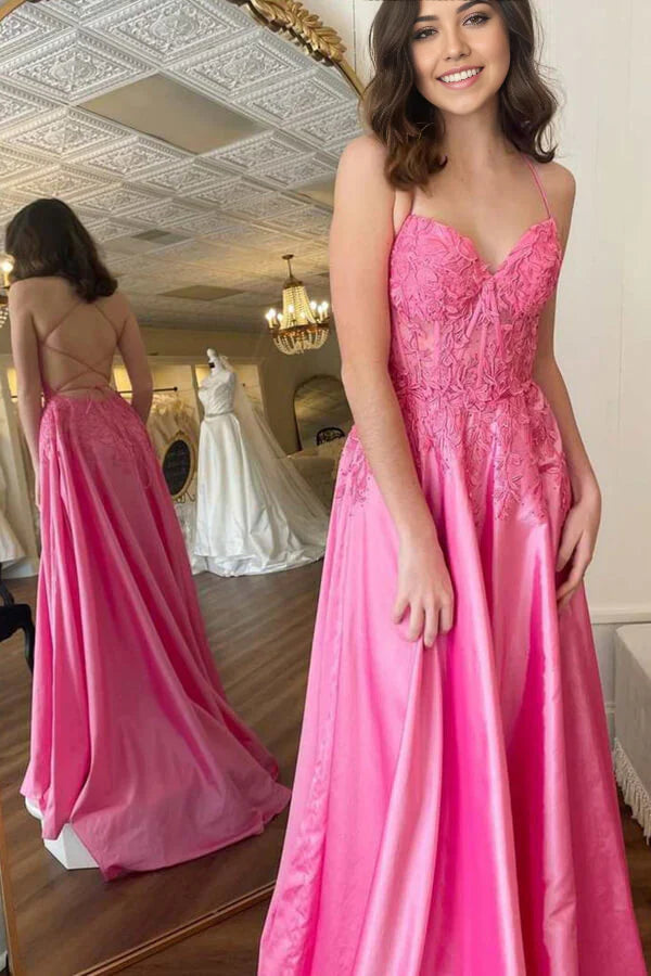 Vestidos de fiesta largos de satén con encaje, escote en V y espalda descubierta, de noche